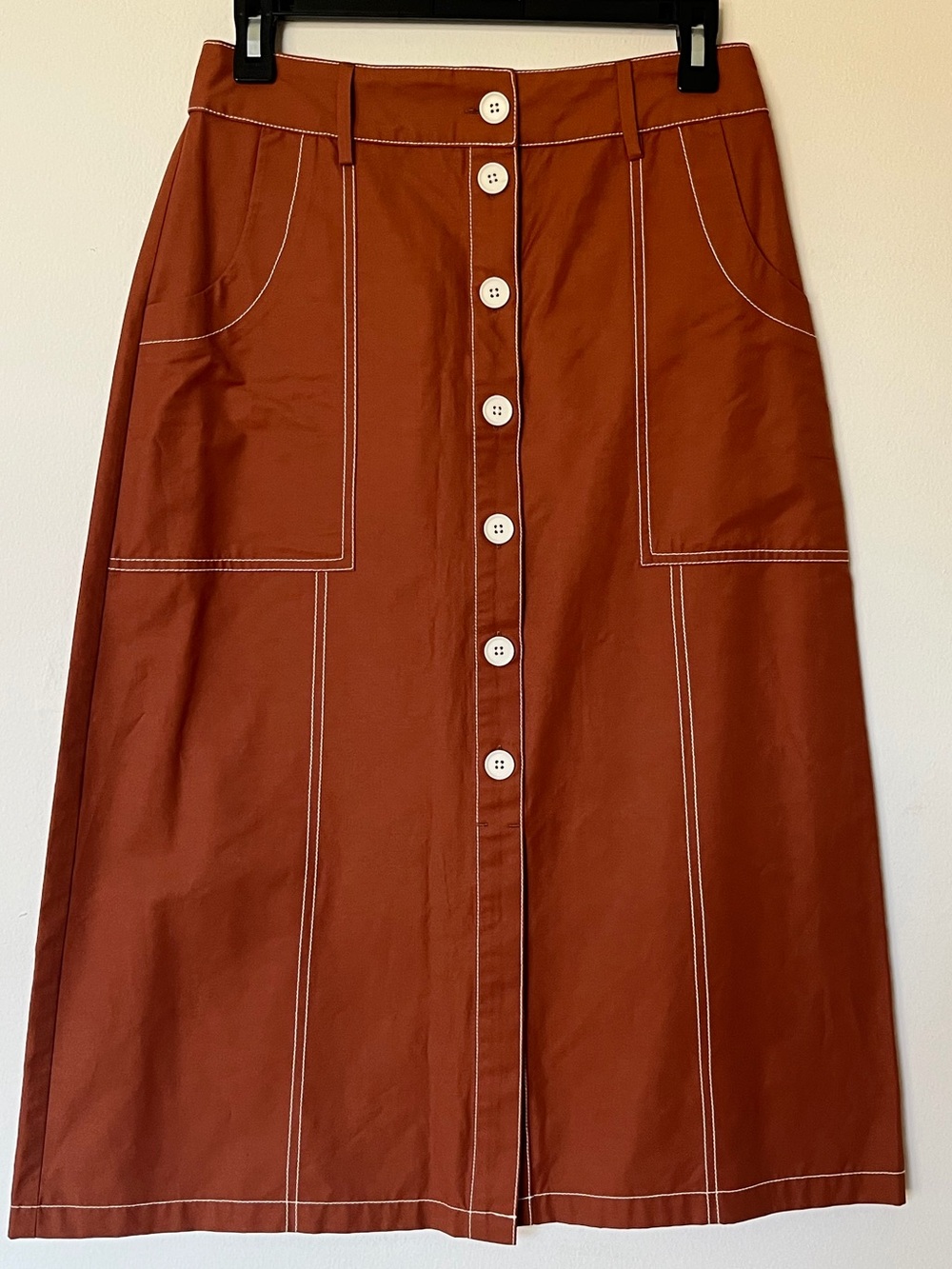 Anna Sui Rust Button-Front Midi Skirt with Contrast Stitching